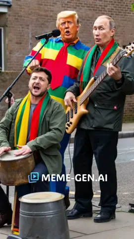 Made with @MemeGen AI  Trump 🎤 Putin 🎸 Zelensky 🥁 jamming Bob Marley vibes 🎶😂 Even Kim 🚲 & Ursula 🧹 pulled up! #Trump #Putin #Zelensky #MemeGenAI #Funny 