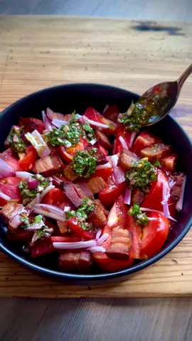 Heirloom tomatoes — slab bacon - shallots - chimichurri… YOURE WELCOME.  #tomatoes #salad #bacon #chimichurri #fyp #foodblogger #homecook #FoodTok 