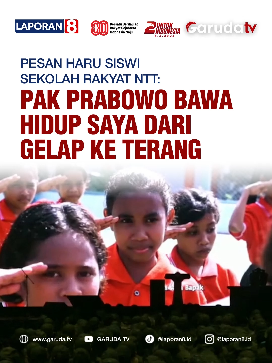 Presiden Republik Indonesia Prabowo Subianto tampak haru ketika mendengarkan rekaman pesan dari salah satu siswi Sekolah Rakyat Menengah Pertama 19 Efata Kupang, NTT (Nusa Tenggara Timur). Rekaman tersebut ditayangkan dalam acara Pembekalan Guru dan Kepala Sekolah Rakyat di JIExpo Kemayoran, Jakarta, Jumat (22/8/2025). Sofia Rorista Angel, siswi SMP Sekolah Rakyat 19 Efata Kupang, menyampaikan rasa terima kasihnya secara tulus kepada Presiden Prabowo. Ia menuturkan, kehadiran Sekolah Rakyat telah mengubah hidupnya yang sebelumnya penuh keterbatasan menjadi lebih terang dan penuh harapan. Lebih lanjut, Sofia menegaskan bahwa ketika kelak berhasil menggapai mimpi dan cita-citanya, sosok yang pertama kali akan ia ingat adalah Presiden Prabowo yang telah memberi kesempatan berharga melalui pendidikan di Sekolah Rakyat. Mendengar rekaman pesan tersebut, Prabowo terlihat menitikkan air mata haru. Sebagai informasi, Sekolah Rakyat merupakan salah satu program prioritas yang mulai berjalan di era pemerintahan Prabowo sejak 14 Juli 2025. Program ini hadir untuk menyediakan pendidikan yang berkualitas dan inklusif bagi anak-anak dari keluarga miskin maupun miskin ekstrem di seluruh Indonesia. Video | Naskah: sekretariat presiden (yt) | Awan Editor | Admin: Asas | Filda 🌐 Saksikan Garuda TV di Free to Air atau Streaming melalui: http://garuda.tv | YouTube Garuda TV | Aplikasi Vidio | Wewatch | IndiHome CH111 | Transvision CH824 | FirstMedia CH45 #garudatv #laporan8 #GasTrust #2TahunUntukIndonesia #HUTGarudaTV #PrabowoSubianto #SekolahRakyat #Pendidikan #NTT #Kupang