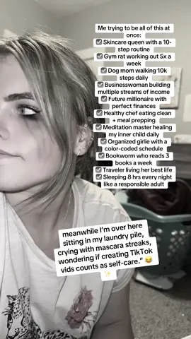 Trying to balance skincare routines, gym life, dog walks, eating healthy, meditating, building businesses, becoming a millionaire, AND keeping my life together… but in reality, I’m just sitting in my laundry pile with iced coffee and mascara streaks 😂✨ Relatable much? #C#ChaoticLifeH#HotMessExpressR#RelatableHumorT#TryingMyBestD#DailyStruggle   