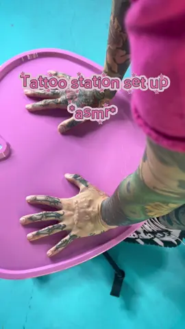 It’s been a minute since we set up together 🩷🌈 And here’s some of my favorite products! ⬇️ •Bubblegum Flux @FK Irons  •Pink Heart Tray @ghosttattooco  •Heart Rinse cups + ink caps @Lunar Tattoo Supply  • Cartridges @FYT SUPPLIES  🧚🏻‍♂️ #asmr #asmrtattoo #asmrvideo #tattoosetup #tattooartist  