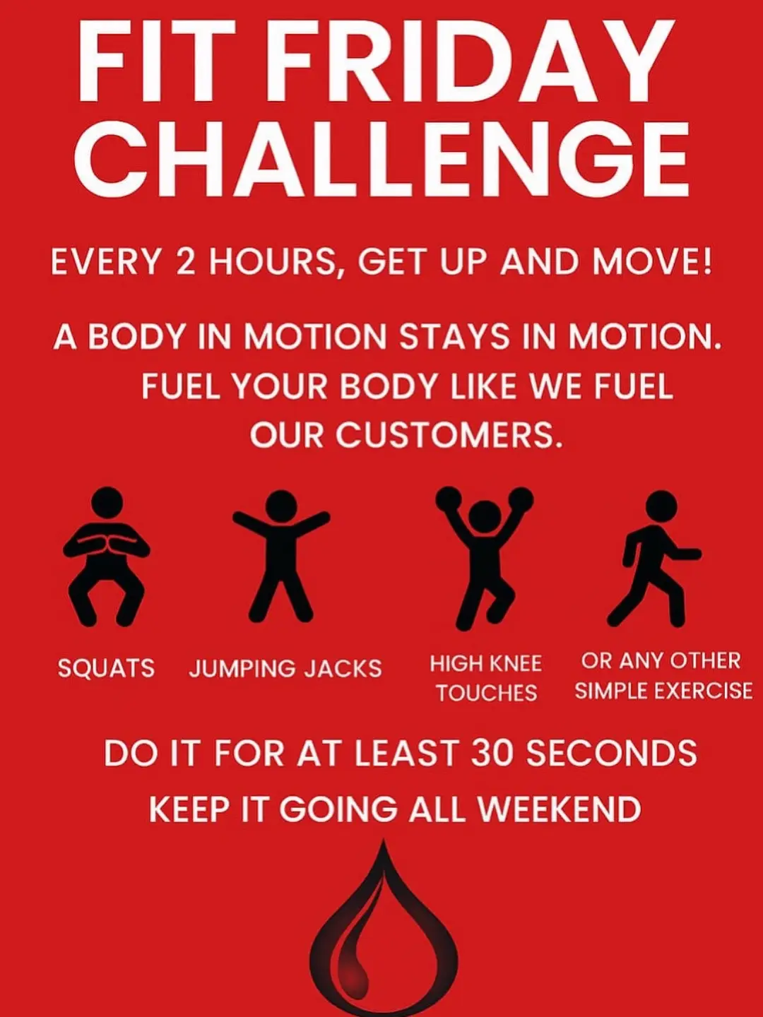 Happy Fit Friday! 💪 It is time for a Fit Friday Challenge. 🏋️‍♀️ Moving your body regularly is crucial to your physical and mental well-being. Even the smallest amount of physical activity can make a significant difference in your overall health. Set a reminder for every 2 hours to get up and move. You won’t regret it!  Have a fit-tastic weekend! 🌞