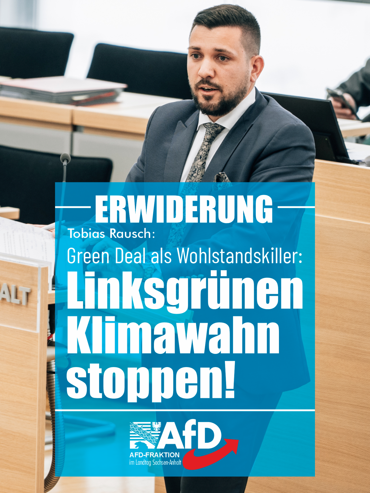 „Sie wollen, dass wir unseren #Wohlstand abgeben!“ In seiner Erwiderung zur Klima-Debatte nahm der Parlamentarische Geschäftsführer der #AfD-Fraktion im Landtag von Sachsen-Anhalt, Tobias Rausch, kein Blatt vor den Mund: „Sie haben bewiesen, dass Ideologie und irgendwelche internationalen Verpflichtungen fernab jeglichen gesunden Menschenverstandes für Sie wichtiger sind als die Interessen Deutschlands.“ #AfD #LTLSA #Klimapolitik #Energiepolitik #Wirtschaft
