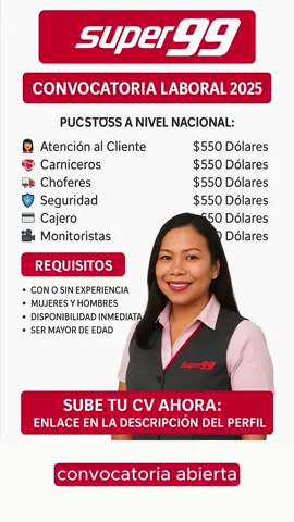¿Buscas chamba? Super 99 te quiere en el equipo (22/08/2025) ✅ #Super99 #convocatoria #empleo #vacantes #trabajo #contratando #postulahoy #oportunidadlaboral #supermercado #retail #trabajoYA #bolsadetrabajo #TrabajoLatam #FYP #ParaTi