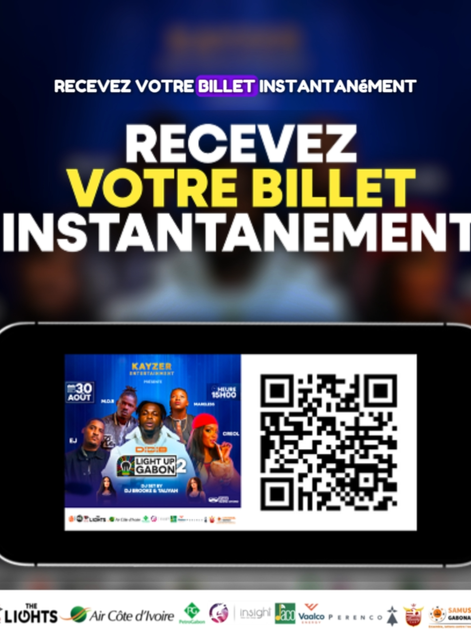 🎟️ La billetterie est OUVERTE en ligne ! Ne perdez pas de temps, vos places pour le 30 août au Stade de Nzeng-Ayong sont  disponibles dès maintenant en quelques clics. ✅ Simple ✅ Rapide ✅ Sécurisé 📲 scannez le QR code et réservez votre ticket avant qu’il ne soit trop tard. ⚠️ Les préventes en ligne sont limitées… premier arrivé, premier servi ! 👉 Rendez-vous le 30 août pour vivre l’histoire avec Didi-B, M.O.R., Creol, Mareless  et une constellation d’artistes locaux. #LightUp2 #ConcertExceptionnel #BilletterieEnLigne