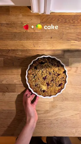 Strawberry and lemon crumble cake (🍓+ 🍋 = 💙) So smooth and crunchy at the same bite that will be disappeared on the same day 🍰 Ingredients (serves 16 people):  ✨ 345 g all purpose flour  ✨ 220 g granulated sugar  ✨ 180 g oil (olive or rapeseed oil) ✨ 225 g yoghurt or skyr  ✨ 5 eggs  ✨ zest of 3 lemons ✨ 3 tsp baking powder  ✨ 1 tsp baking soda  ✨ 1/3 tsp salt ✨ 1 tsp vanilla extract or 1 tsp of vanilla sugar  ✨ 600 g strawberries (fresh or frozen) For the crumble: ✨ 100 g all purpose flour  ✨ 100 g brown sugar  ✨ 100 g thin oat flakes  ✨ 110 g salted butter Squeeze the lemon zest with the sugar to extract the oil. Add  and mix the vanilla extract, eggs, yogurt and oil. Add the rest of the dry ingredients and stir till flour is incorporated.  Pour the cake mixture into a buttered pan. Place the strawberries partially into the cake batter.  Mix all the ingredients for the crumble and pour on top of the strawberries. Slightly squeeze with your fingers.  Bake in a preheated oven at 180 degree Celsius (air mode) for around 1 hour or until you put a knife inside the cake and it comes out almost clean. Cover with aluminium foil if needed while baking.  Serve it as it is, with ice cream or yogurt!  Enjoy✨ #strawberries #lemon #cake 