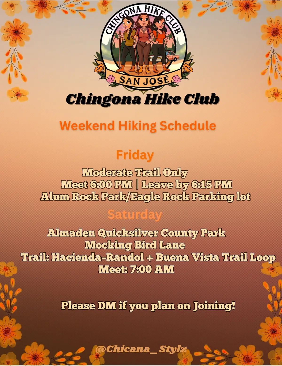 Chingona Hike Club Weekend Schedule! Join us!  #ChingonaHikeClub #WomenWhoHike #LatinaHikers #SanJoseHikes #BayAreaHiking      
