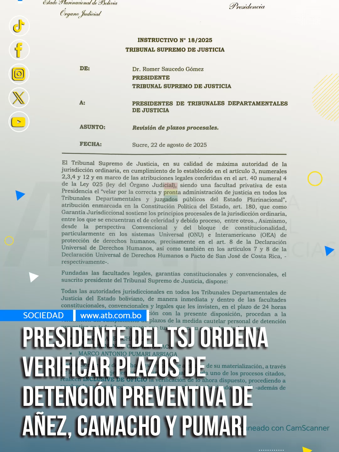 El presidente del Tribunal Supremo de Justicia (TSJ) instruyó la verificación del cumplimiento de los plazos legales en las detenciones preventivas de Jeanine Añez, Luis Fernando Camacho, y el exlíder cívico Marco Pumari. #ATBDigital #ATBNoticias #ATBInforma #ATBLaPaz #Bolivia #LaPaz #RedATB