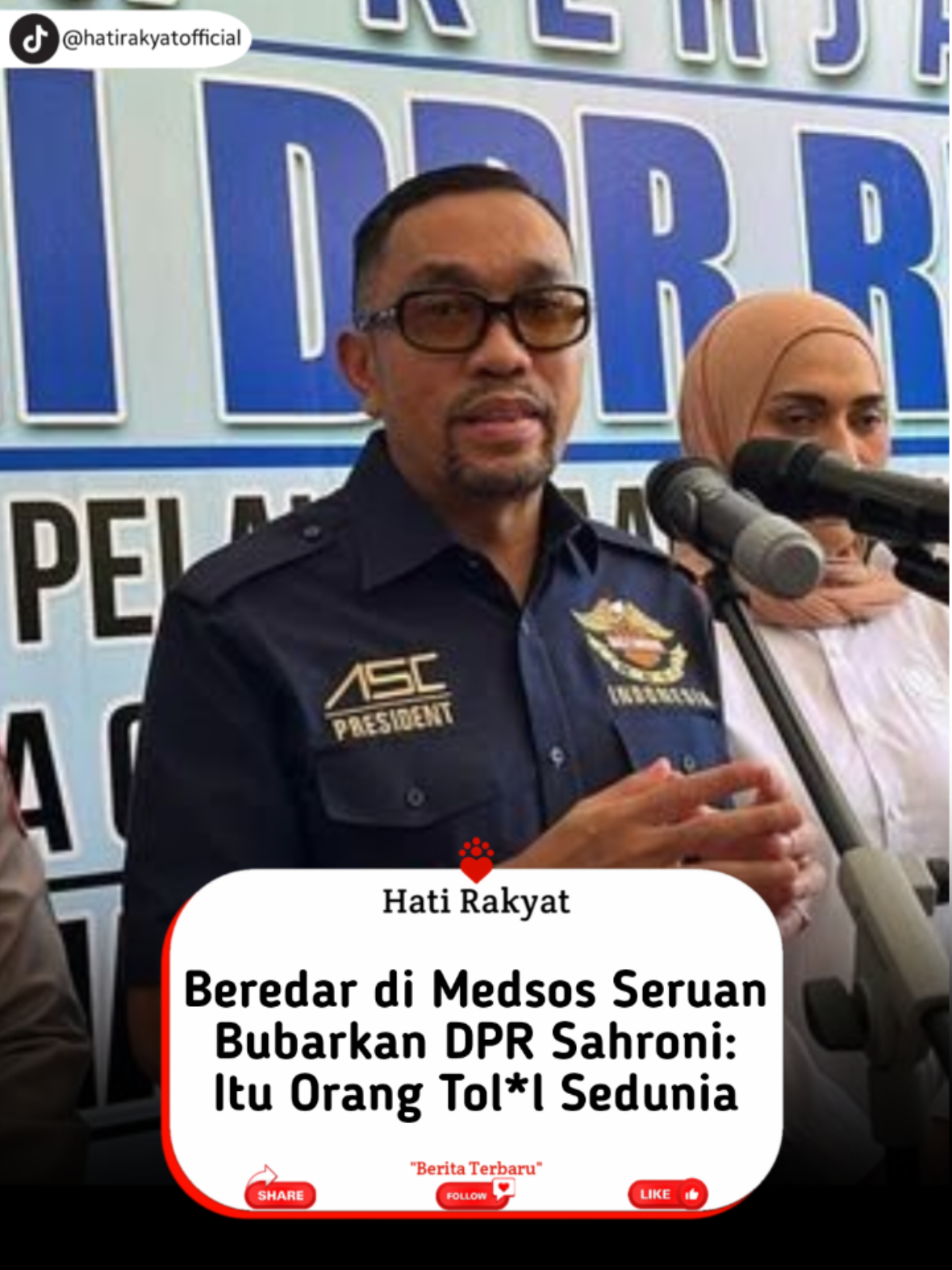LU YANG T0L* L!!🔥🫵🏻 Beredar di media sosial soal seruan untuk membubarkan DPR. Wakil Ketua Komisi III DPR RI Ahmad Sahroni menyebut yang menyampaikan soal seruan pembubaran itu adalah orang T*L* L.  