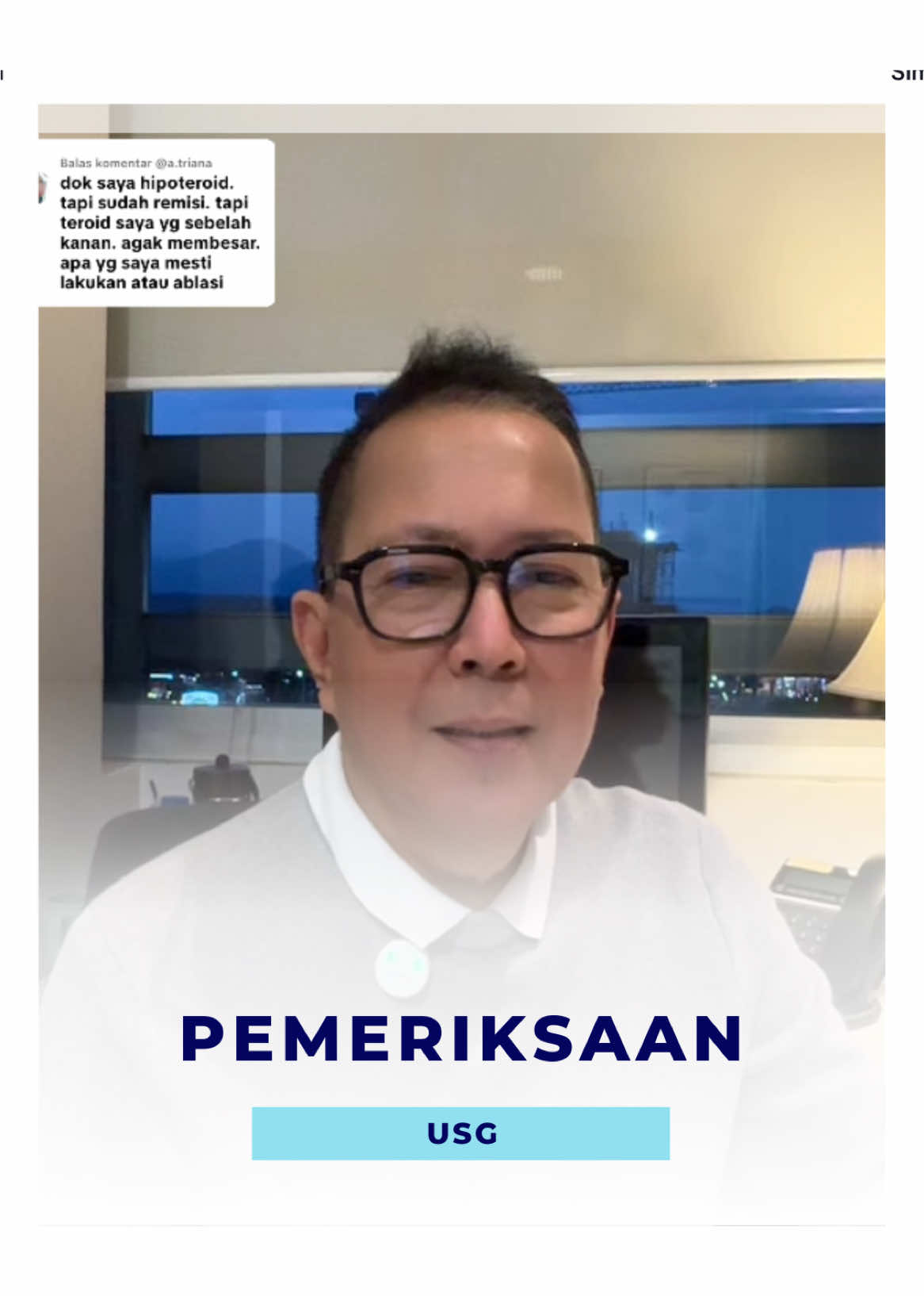 Membalas @@a.triana  Pemeriksaan USG pada tiroid penting untuk mendeteksi adanya kelainan atau penyakit pada kelenjar tiroid, seperti benjolan, nodul, atau pembesaran kelenjar tiroid (goiter). USG membantu dokter menilai ukuran, bentuk, dan karakteristik dari benjolan atau nodul tiroid, serta membantu menentukan apakah nodul tersebut berisiko kanker atau tidak. Dengan pemeriksaan USG, dokter dapat memberikan diagnosis yang lebih akurat dan menentukan langkah pengobatan yang tepat. #KesehatanTiroid #USGTiroid #DrRoyPanusunan #TiroidSehat #CegahPenyakitTiroid