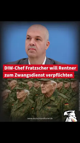 #DIW-Chef Fratzscher will Rentner zum Zwangsdienst verpflichten Der Chef des sogenannten Instituts für Wirtschaftsforschung (DIW), Marcel Fratzscher, fordert tatsächlich ein Pflichtjahr für alle Rentner. Gegenüber dem „Spiegel“ erklärte er, die ältere Generation müsse sich „stärker einbringen, beispielsweise im Sozialbereich, aber auch bei der Verteidigung“. Selbst die Bundeswehr solle nach seinen Vorstellungen auf Rentner zurückgreifen: „Warum sollten wir die nicht nutzen, gerade von Leuten, die früher bei der Bundeswehr ausgebildet wurden“, so Fratzscher. Zur Begründung verweist der vermeintliche Ökonom auf eine Überlastung der Jugend durch angebliche Klimafolgen. Statt für solide Politik und echten Wohlstand zu sorgen, sollen ausgerechnet diejenigen erneut schuften, die das Land über Jahrzehnte mit ihrer Arbeit und ihren Steuern aufgebaut haben.