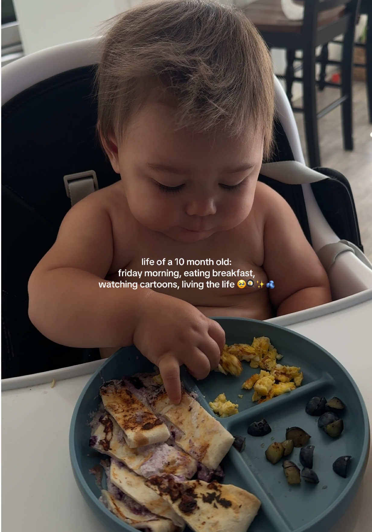 LIFE OF A 10 MONTH OLD 🤍🫐☁️✨ Tried out this blueberry yogurt quesadilla for breakfast today, and he loved it! Found this idea from a mama on TikTok, but can’t find the video or account. Please tag her if you find it ✨ #babybreakfast #fridaymorning #boymama #momlife #babyledweaning 