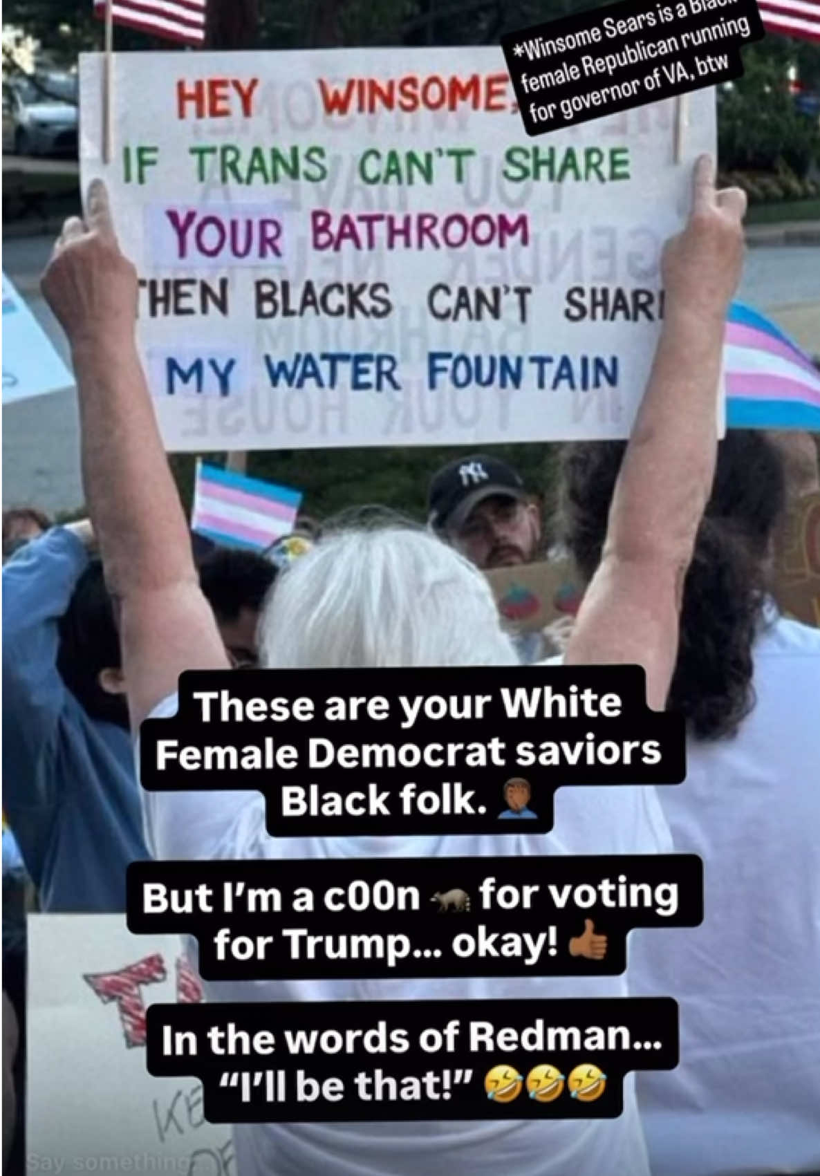 A White female Democrat proudly displays her anti-Black racism at a rally for Winsome Earle Sears, the Black female Republican running for Virginia Governor. Democrats and their blatant racism! They can’t help themselves! #fyp #winsomesears #democrat #Virginia #republican 