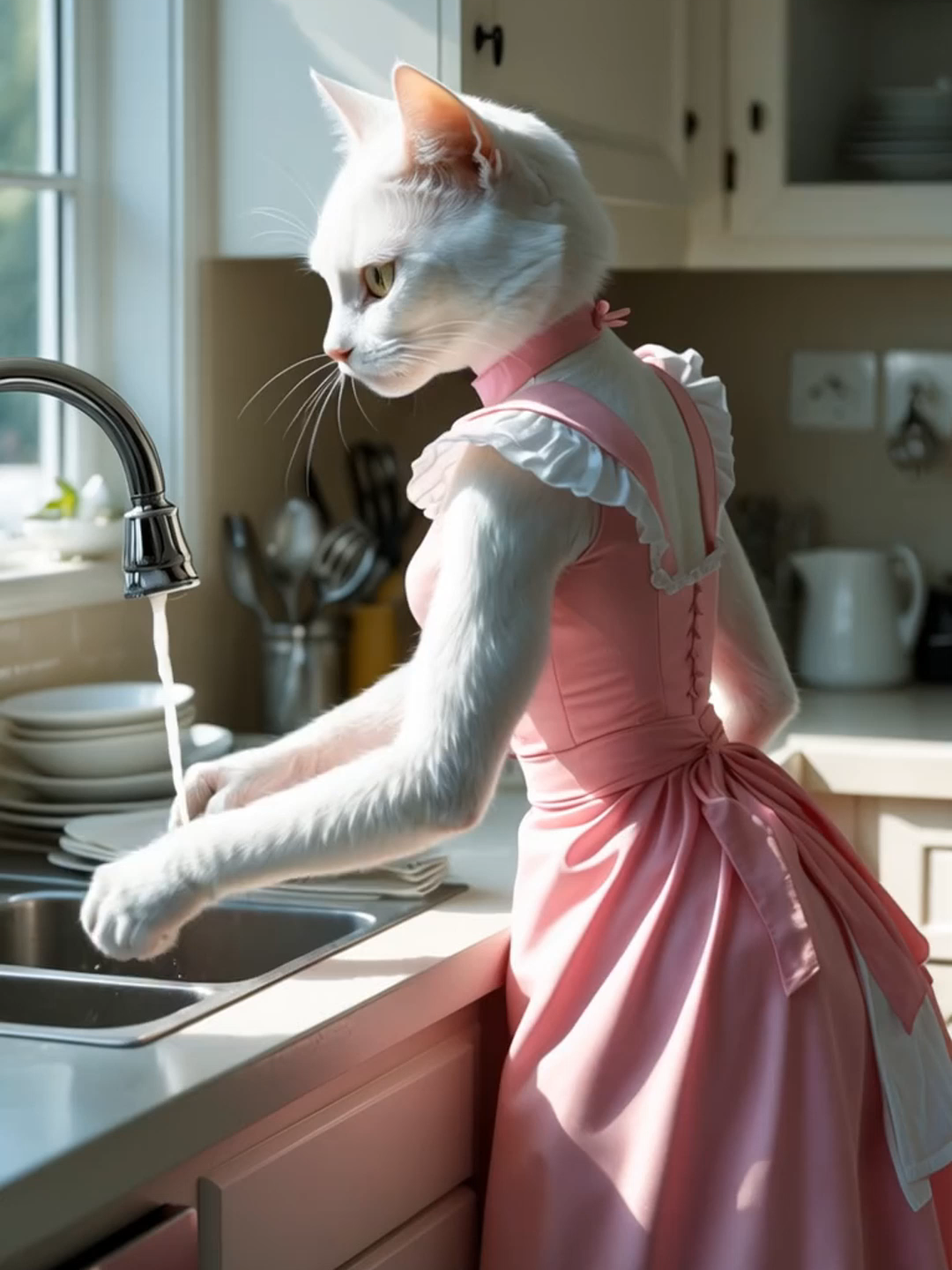 Chaos erupts when a rainbow-colored kitten plays in the sink, floods the bathroom, and turns the living room into a water-filled adventure! Mom, the pink-maid-dress white cat, scrambles to save him while the kitten laughs underwater. Watch their hilarious underwater antics, rainbow splashes, and frantic reactions unfold in this whimsical and chaotic animated scene! 🌈😹💦#FunnyCats #aicat #kitten