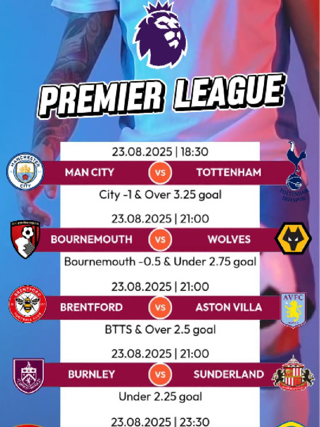 Jadwal Premier League 📅 23 Agustus 2025 #jadwalbola #PremierLeague #ligainggris #sepakbola #manchestercity #arsenal #tottenham #football #matchday #foryou #foryoupage #fyp