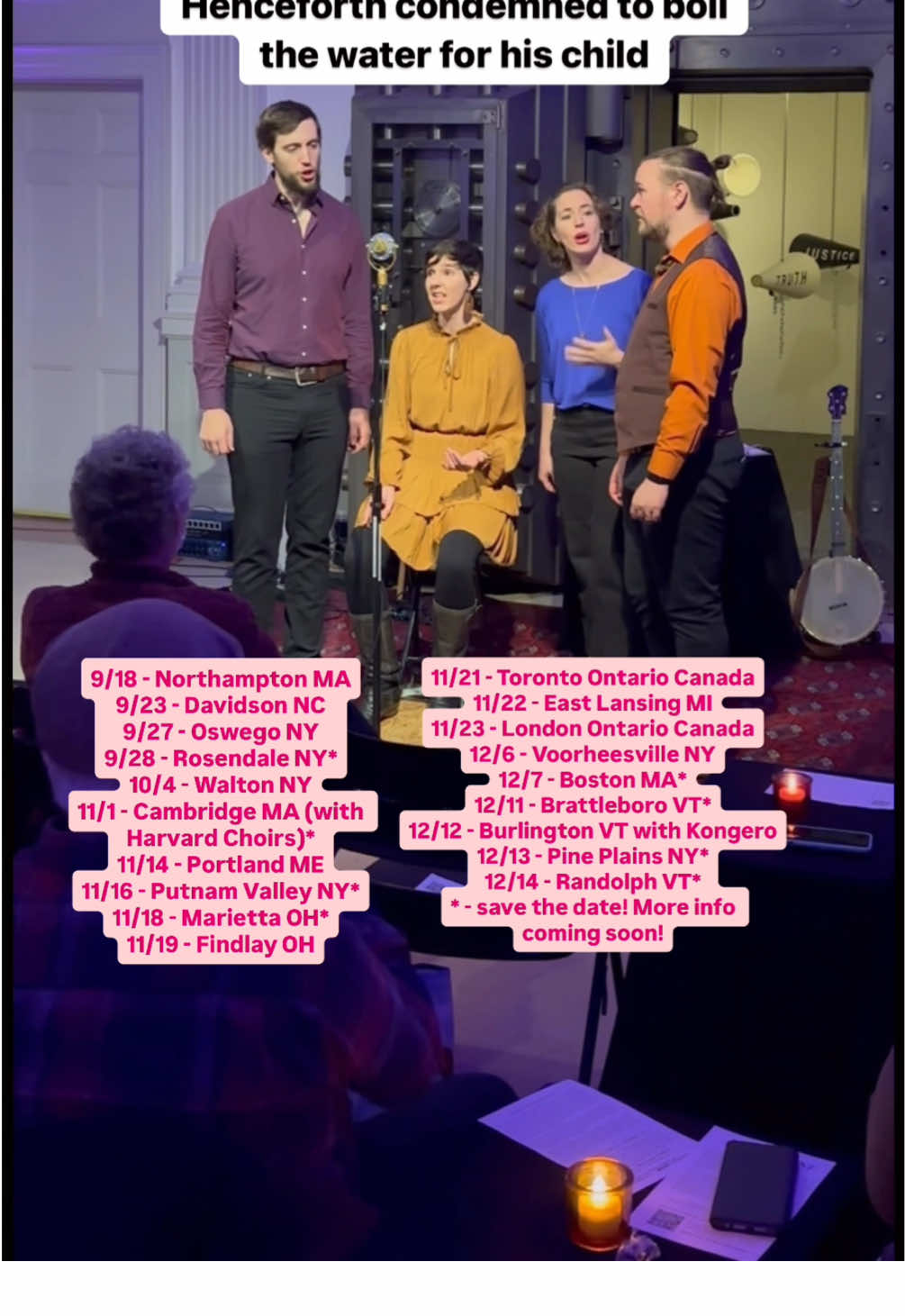 Comment 😈 if you love a toe-tapping song with a good message! We adapted this piece by Le Vent du Nord several years ago and it’s still one of our favorite arrangements we’ve ever made  #vocalharmony #folkmusic #vocalband #singout #quebec   9/18 - Northampton MA 9/23 - Davidson NC 9/27 - Oswego NY 9/28 - Rosendale NY* 10/4 - Walton NY 10/17-19 - OSAC Conference - Regina, Saskatchewan Canada 11/1 - Cambridge MA (with Harvard Choirs)* 11/14 - Portland ME 11/16 - Putnam Valley NY* 11/18 - Marietta OH* 11/19 - Findlay OH 11/21 - Toronto Ontario Canada 11/22 - East Lansing MI 11/23 - London Ontario Canada 12/6 - Voorheesville NY 12/7 - Boston MA* 12/11 - Brattleboro VT* 12/12 - Burlington VT with Kongero 12/13 - Pine Plains NY* 12/14 - Randolph VT* * - save the date! More info coming soon!