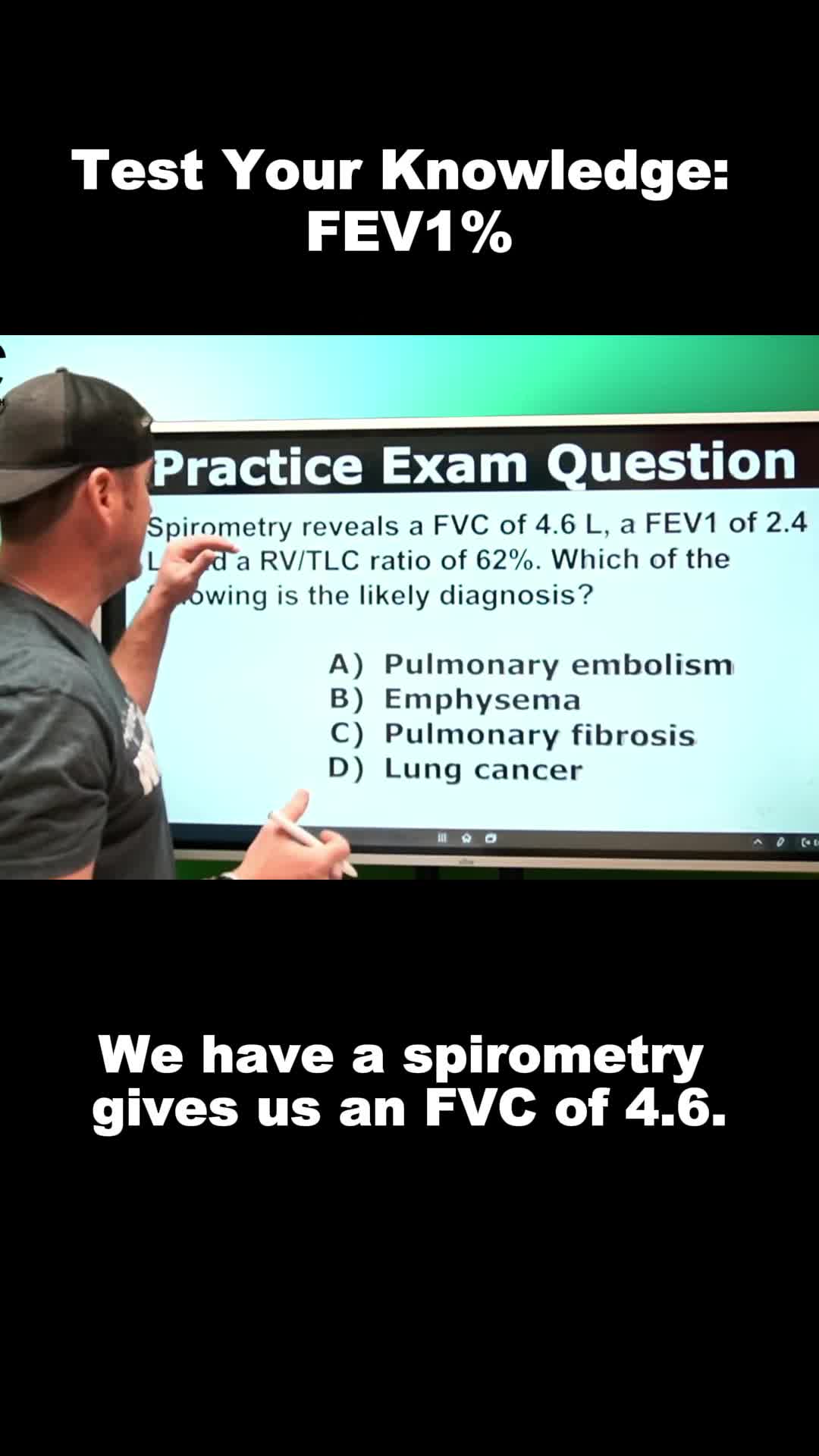 Practice Exam Time! Here’s a classic FEV1% calculation question. Pause the video and work through it on your own or follow along step by step as we break it down. Great way to test your knowledge in a real exam-style setup! 👉 Want a full breakdown of what FEV1% means and how it’s used in diagnosis? Watch the full YouTube video: Respiratory Therapy – What is the FEV1%? @aarc #aarc #respiratorytherapy #respiratorytherapystudent #FEV1 #RTexam #pulmonaryfunction