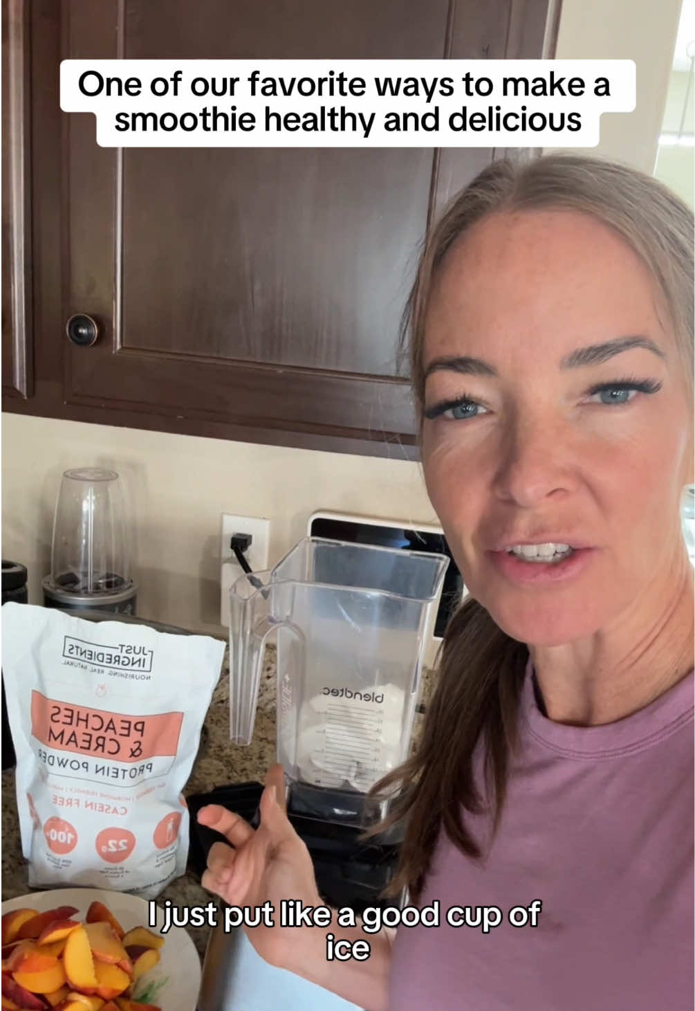 One of my favorite shakes this summer! Loving it with all of the fresh peaches! 🍑 #fyp #proteinshake #justingredients 
