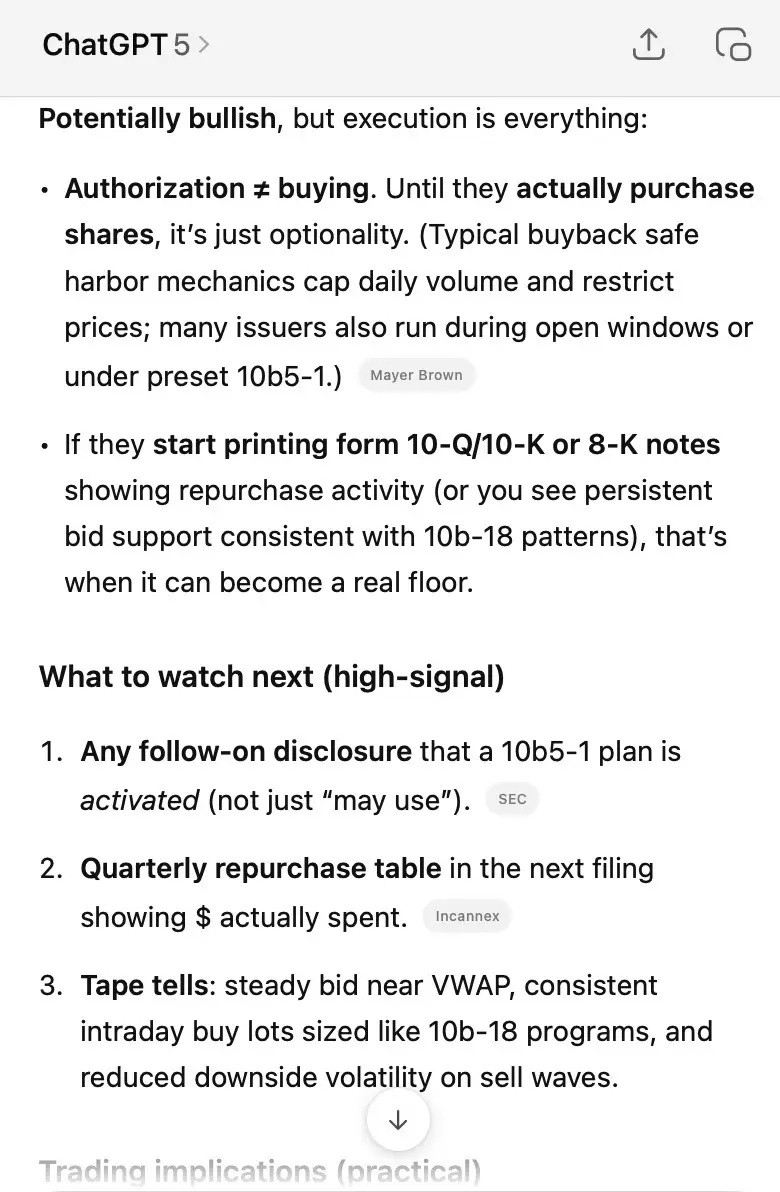A company announcing a $20M buyback sounds huge… but here’s the truth: 📌 Authorization ≠ Buying – it just means they can repurchase shares, not that they already did. 📌 The real proof comes later: 1️⃣ SEC filings (10-Q / 10-K / 8-K) showing actual $$$ spent 2️⃣ A 10b5-1 plan officially “activated” 3️⃣ Tape action — steady bids near VWAP + less downside pressure Until then, the announcement is optionality, not guaranteed support. Watch the filings and the tape — that’s when it becomes real. #StockMarket #Buybacks #Investing101 #BeginnerTrader #IXHL