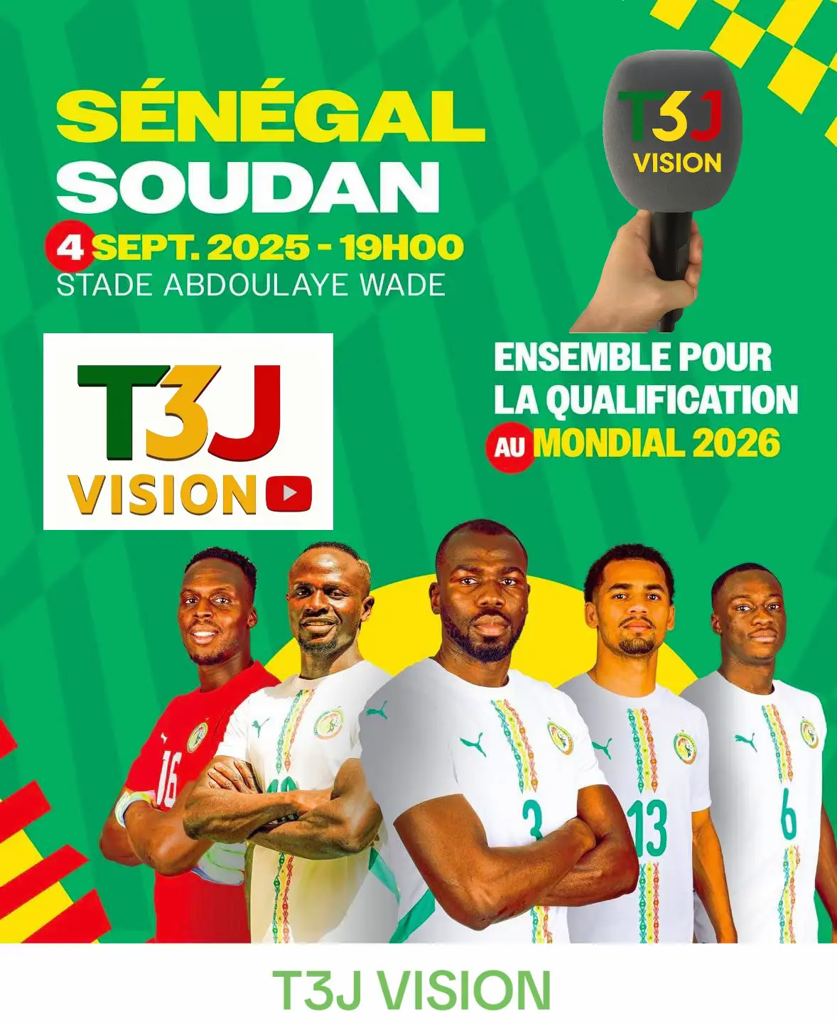 MATCH QUALIFICATION MONDIAL 2026 🔥 Le Sénégal affronte le Soudan dans un choc décisif pour la qualification à la Coupe du Monde 2026 ! 📅 4 septembre 2025 ⏰ 19h00 🏟️ Stade Abdoulaye Wade Les Lions de la Teranga comptent sur le soutien de tout un peuple pour décrocher une nouvelle victoire et se rapprocher du Mondial. 🦁🇸🇳 #Sénégal #LionsDeLaTeranga #Mondial2026 #QualificationMondial #SenegalVsSoudan     