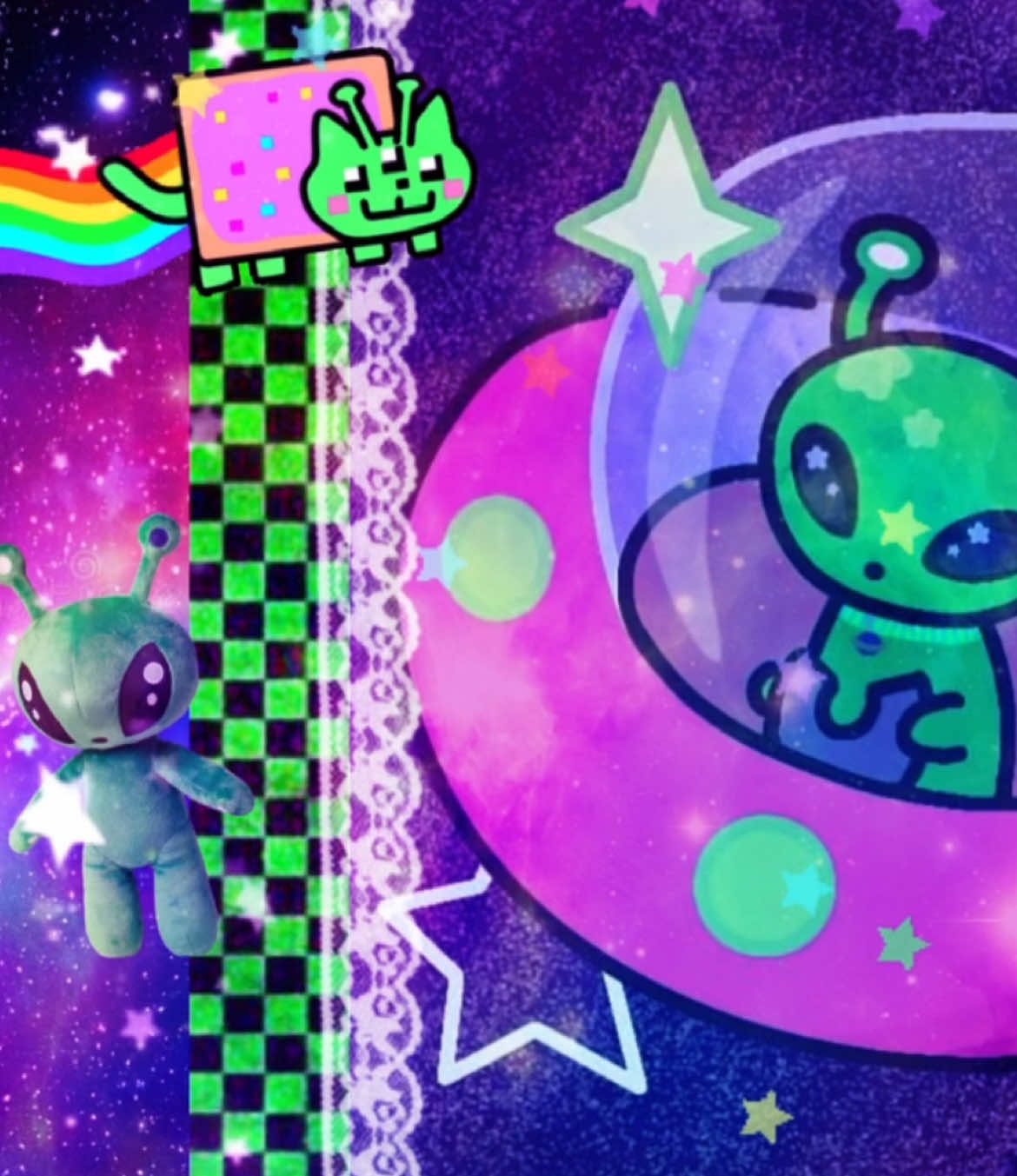 aliens👽 || requested by: @🛸ᑕOᔕᗰO🦖  he/they @ʂαႦɾιɳα and @www.fuck.off || i was trying to make this look cute but it looks like im one of those annoying “self diagnosed autism” people now🫩 || #aliens #aliencats #cats #moodboard #targetaudience 