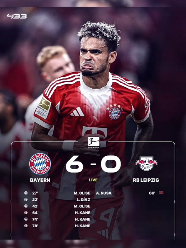 FT: FC Bayern Munchen 6-0 RB Leipzig. Munchen pesta goal atas Leipzig dengan skor 6-0🤙🔥. #bayernmunich #xyzbca #fypシ゚ #fypage #fyppppppppppppppppppppppp 