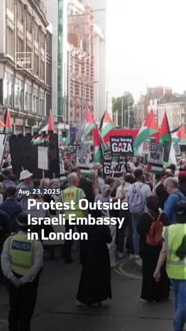Hundreds gather for an “emergency protest” called by the Palestine Solidarity Campaign outside the Israeli embassy in London. It follows the UN’s official declaration of a famine in Gaza and comes as Israel presses ahead with its plans to seize Gaza City in a new ground offensive. #Israel #London #UK #Gaza