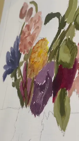 Flower oil painting work in progress, working loose and quick to not get too caught up in details and let the painting process come more naturally, will be finishing the rest of painting tomorrow, thanks for watching! #art #oilpainting #painting #fypシ 
