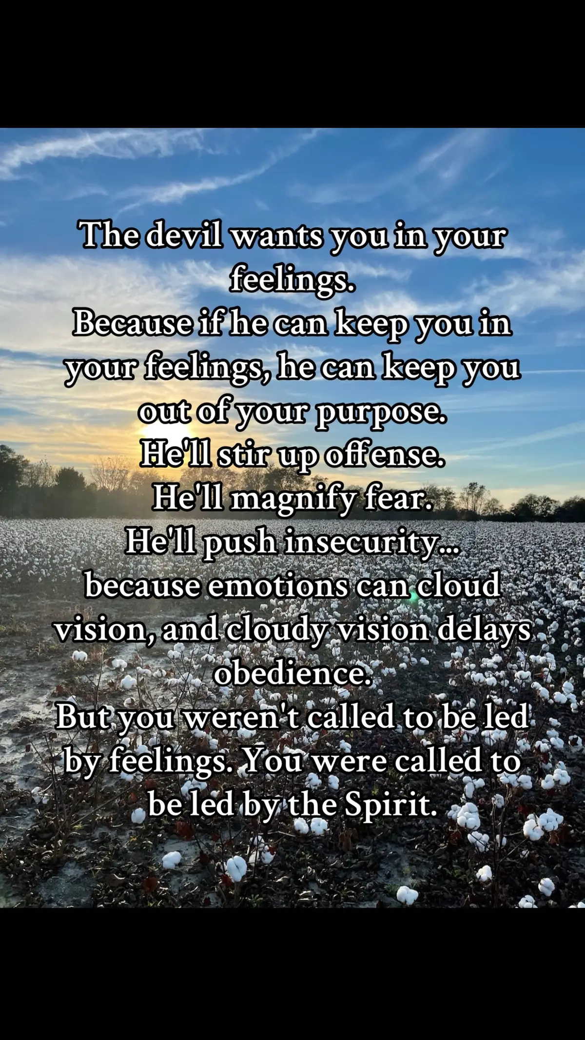 The devil wants you in your feelings. Because if he can keep you in your feelings, he can keep you out of your purpose. He'll stir up offense. He'll magnify fear. He'll push insecurity... because emotions can cloud vision, and cloudy vision delays obedience. But you weren't called to be led by feelings. You were called to be led by the Spirit. #fyp 