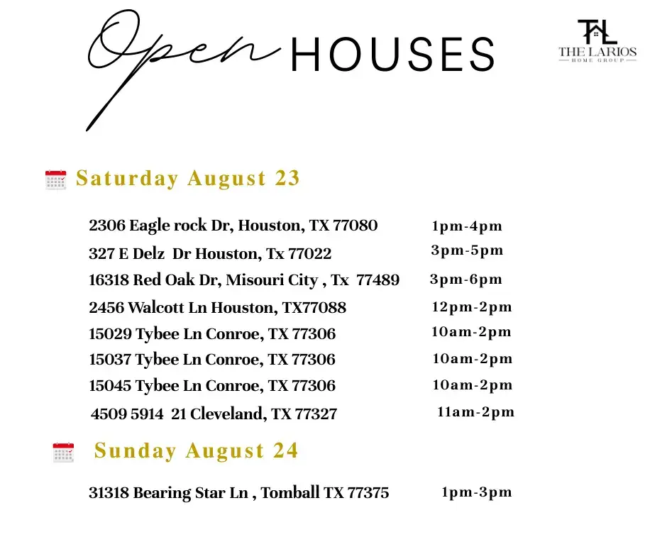 🏡 ¡Este fin de semana tenemos múltiples Open Houses esperándote!  Ven a conocer estas hermosas propiedades en Houston, Missouri City, Conroe, Cleveland y Tomball. ✅ Contamos con diferentes programas que pueden ayudarte a lograr el sueño de tu casa propia, ¡pregúntanos cómo! 📲 Para más información o para agendar una cita privada, contáctanos hoy mismo. #openhouse #housetour #houstonrealtor #casaenventa ##thelarioshomegroup 