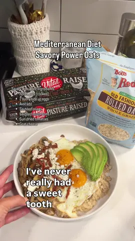 Mediterranean Diet Savory Oats Oats aren’t just for breakfast. If you’ve ever thought oatmeal was only for sweet mornings, think again. I’ve discovered that savory oats are a game changer Why Oats Are a Mediterranean Diet Superfood: High in fiber: Supports gut health and keeps you full longer Rich in beta-glucan: A soluble fiber that helps lower cholesterol and balance blood sugar Versatile: Can be used sweet or savory, baked, or as a base for bowls Savory Oats Meal Idea: Ingredients:  Rolled oats, 2 sunny side up eggs, avocado, sautéed onions and mushrooms, sun-dried tomatoes, goat cheese Directions: 1- Cook oats according to package instructions.  2- Sauté onions and mushrooms until tender. 3- Fry eggs sunny side up. Assemble oats on a plate and top with eggs, avocado, sautéed vegetables, sun-dried tomatoes, and goat cheese Why You’ll Love It: This dish combines fiber, protein, and healthy fats in a single plate.  It’s a Mediterranean Diet aligned meal that works for lunch or dinner, and it’s a fresh way to enjoy oats beyond the typical breakfast bowl. Don’t be afraid to try savory oat,you might just find your new favorite meal. Need more support on your healthy eating journey? Save this post and follow for more Mediterranean Diet resources and expert advice #creatorsearchinsights #mediterraneandiet #oatmeal #antiinflammatory #wholefoods 
