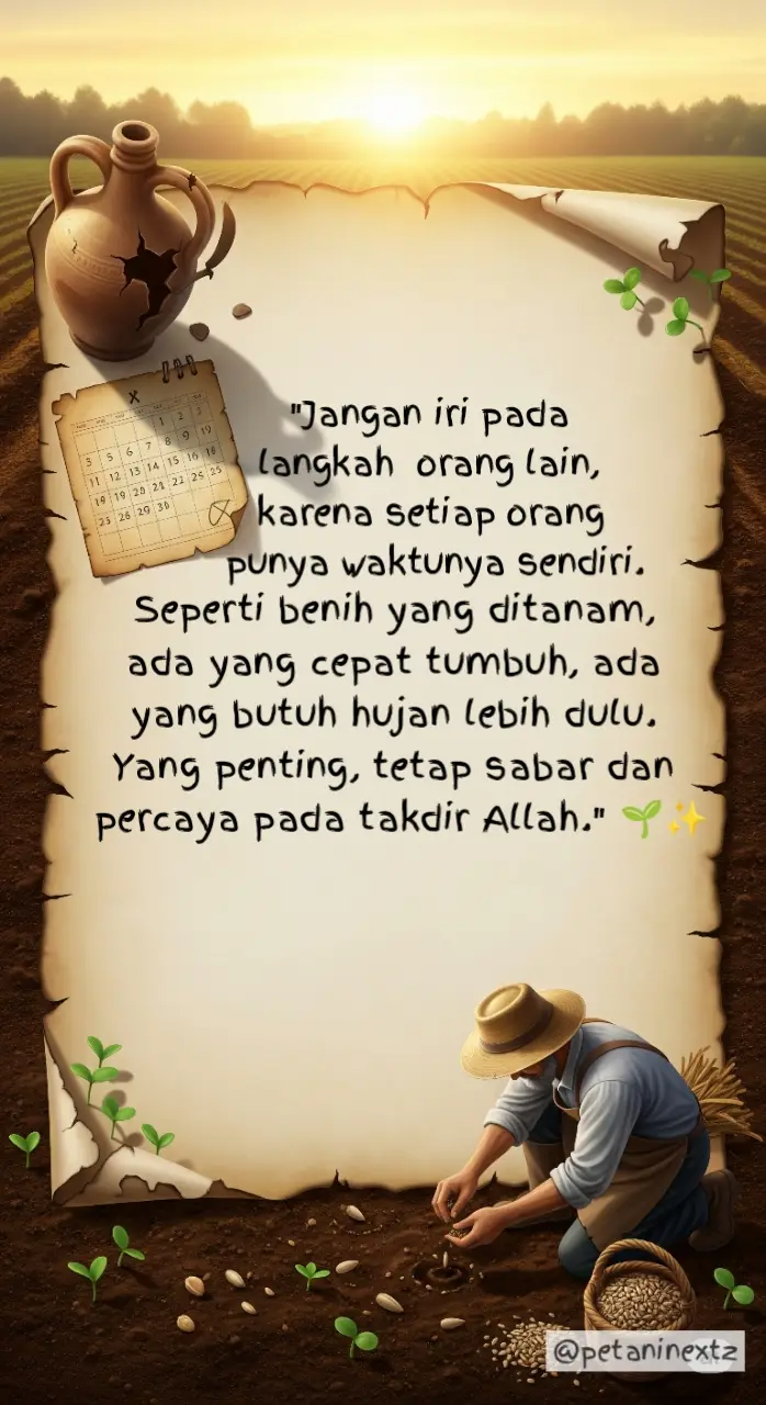 Seperti benih yang ditanam, ada yang  cepat tumbuh, ada yang butuh hujan  lebih dulu. Yang penting, tetap sabar  dan percaya pada takdir Allah.