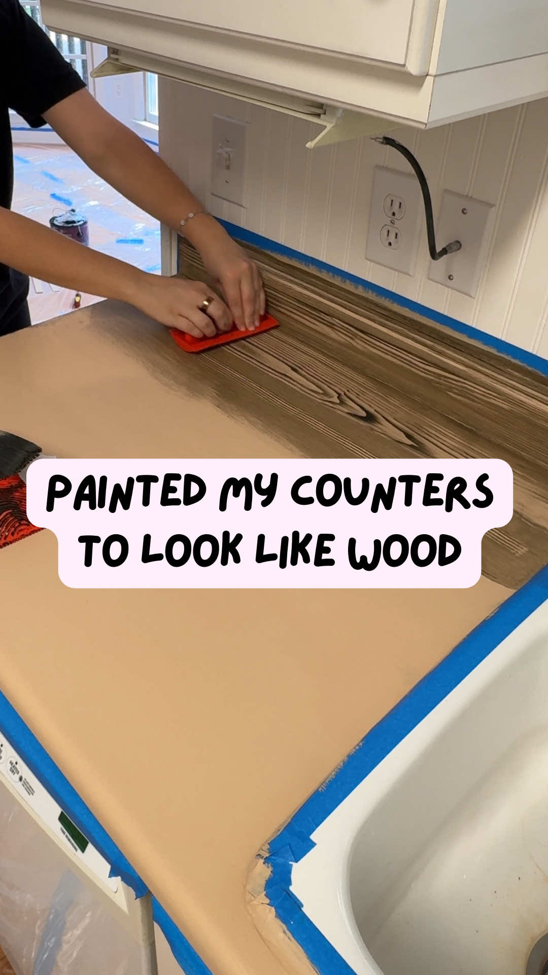 I used the color “Barnwood” from @Retique It  #DIYcountertops #countertopmakeover #fauxwoodcountertops #laminatecountertopmakeover #budgetkitchenrenovation #retiqueit