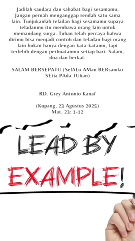 Jadilah saudara dan sahabat bagi sesamamu. Jangan pernah menganggap rendah satu sama lain. Tunjukanlah teladan bagi sesamamu supaya teladanmu itu membawa orang lain untuk memandang surga. Tuhan telah percaya bahwa dirimu bisa menjadi contoh dan teladan bagi orang lain bukan hanya dengan kata-katamu, tapi terlebih dengan perbuatanmu setiap hari. #katolik #quotes #fyp #masukberandafyp #4up 