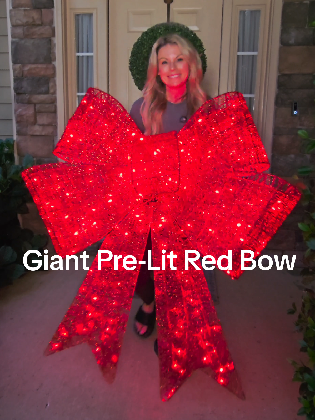 Here's some answers about our favorite Giant Pre-Lit Red Christmas Bow! Compact Storage Solution: Easily breaks down for storage in a compact manner suitable for any home space Durable Build: Constructed with a heavy-duty wire frame and rain, snow, and wind-resistant fabric for longer outdoor use Eco-Friendly Lighting: Features environmental-friendly LED lights that are energy efficient and remain cool to the touch Glamorous Gift Choice: Luxurious and thoughtful present for friends and family to enhance holiday spirit Holiday Accent: Ideal for transforming exteriors such as gates, garages, or walls into festive displays Versatile Lighting Options: Offers 8 different light functions and includes a timer for programmable holiday light shows. 
