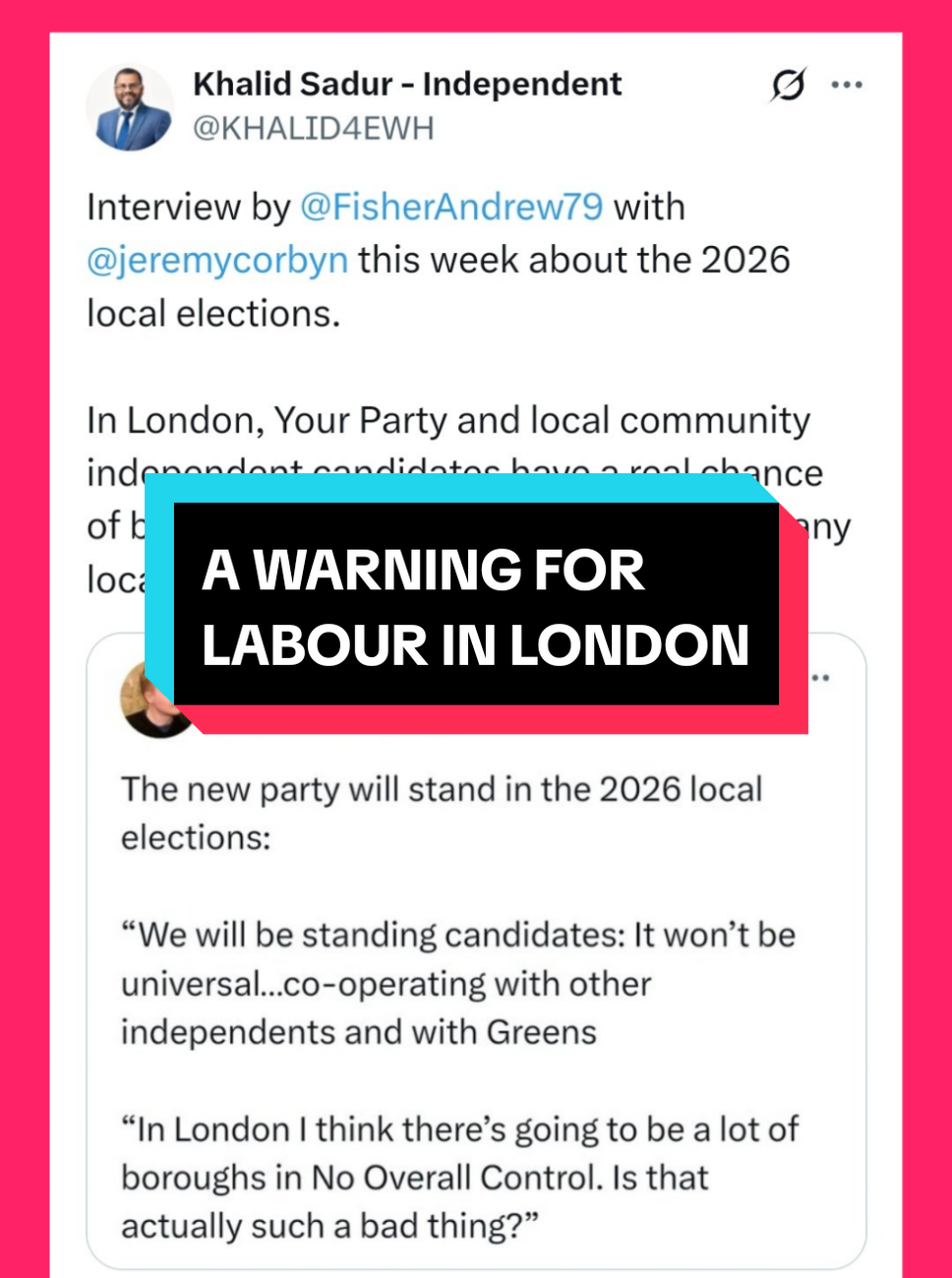 Interview by Andrew Fisher with @Jeremy Corbyn this week about the 2026 local elections. In London, Your Party and local community independent candidates have a real chance of breaking through Labour and moving many local authorities to No Overall Control. @Zarah Sultana MP  yourparty.uk #localelections2026 #enfieldcouncil #enfieldcommunityindependents #edmontonlondon #fyp 