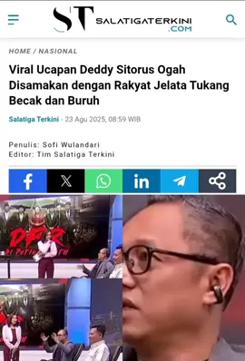 Nama anggota DPR Komisi VI, Deddy Sitorus, kembali jadi perbincangan panas usai potongan videonya saat hadir di program TV. Dalam cuplikan tersebut, Deddy terlihat menanggapi pertanyaan Zilvia Iskandar selaku pemandu acara terkait kontrasnya kebijakan tunjangan rumah dinas DPR dengan beban iuran Tapera yang wajib ditanggung rakyat biasa. Ketika Zilvia menyinggung soal kesenjangan itu, Deddy menampik keras perbandingan yang disampaikan. “Ya, jadi ketika DPR dibandingkan dengan rakyat jelata, yang katakan tukang becak atau buruh, di situ Anda mengalami sesat logika,” ujar Deddy dengan tegas. Diksi “rakyat jelata” yang digunakan Deddy inilah yang memantik kontroversi. Banyak yang menilai, ucapannya berkesan merendahkan rakyat kecil yang seharusnya justru diwakili oleh anggota DPR. #DPR #DeddySitorus #beritatiktok #viral #fyp