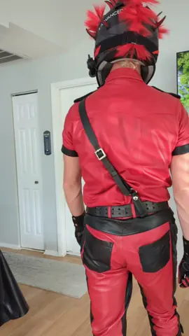 Outfit Style: Full Black & Red Leather Shirt & Pants. MX Helmet & Boots. Matching color scheme. #outfitinspo #fashion #gaytiktok #lgbt #style 