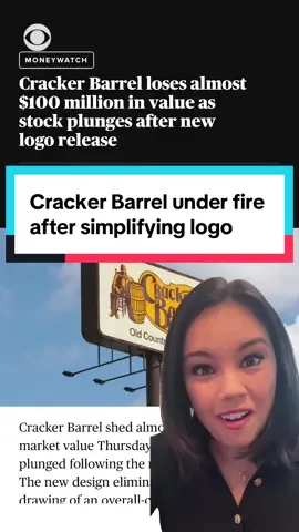 Cracker Barrel shed almost $100 million in market value Thursday after its stock plunged following the release of a new logo. The new design eliminates a longstanding drawing of an overall-clad man leaning against a barrel, in favor of a cleaner logo featuring just the chain's name. CBS News' Jo Ling Kent breaks down the situation.