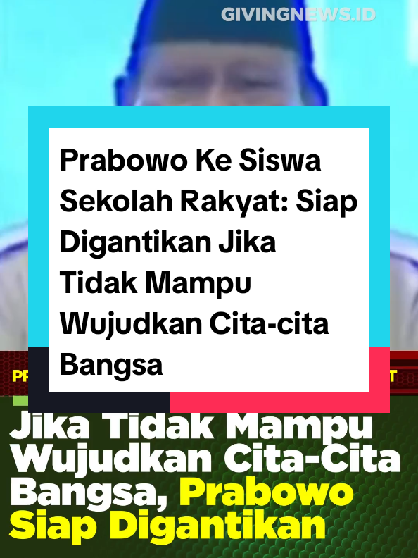 Presiden Prabowo Subianto pada acara Pembekalan Guru dan Kepala Sekolah Rakyat di JEI Expo, Jumat kemarin dengan tegas mengatakan bahwa dibawah kepemimpinannya Indonesia akan bisa mencapai cita-cita kebangkitan bangsa. Dengan lantang Prabowo juga berkata bahwa jika dirinya tidak mampu mewujudkan cita-cita bangsa ini, maka akan ada yang akan menggantikannya. Pada kesempatan yang sama, Prabowo merasa sangat bangga dengan siswa sekolah rakyat. Dia juga mengajak seluruh anak didik sekolah rakyat agar menghormati orang tua dan tidak minder karena orangtuanya seorang pekerja keras dan belum menikmati kemerdekaan dan kemakmuran saat ini. Selain itu Prabowo juga meminta agar semua siswa menghormati para guru #prabowosekolahrakyat #prabowosiapdigantikan #pembekalansekolahrakyat #sekolahrakyat #presidenprabowo 