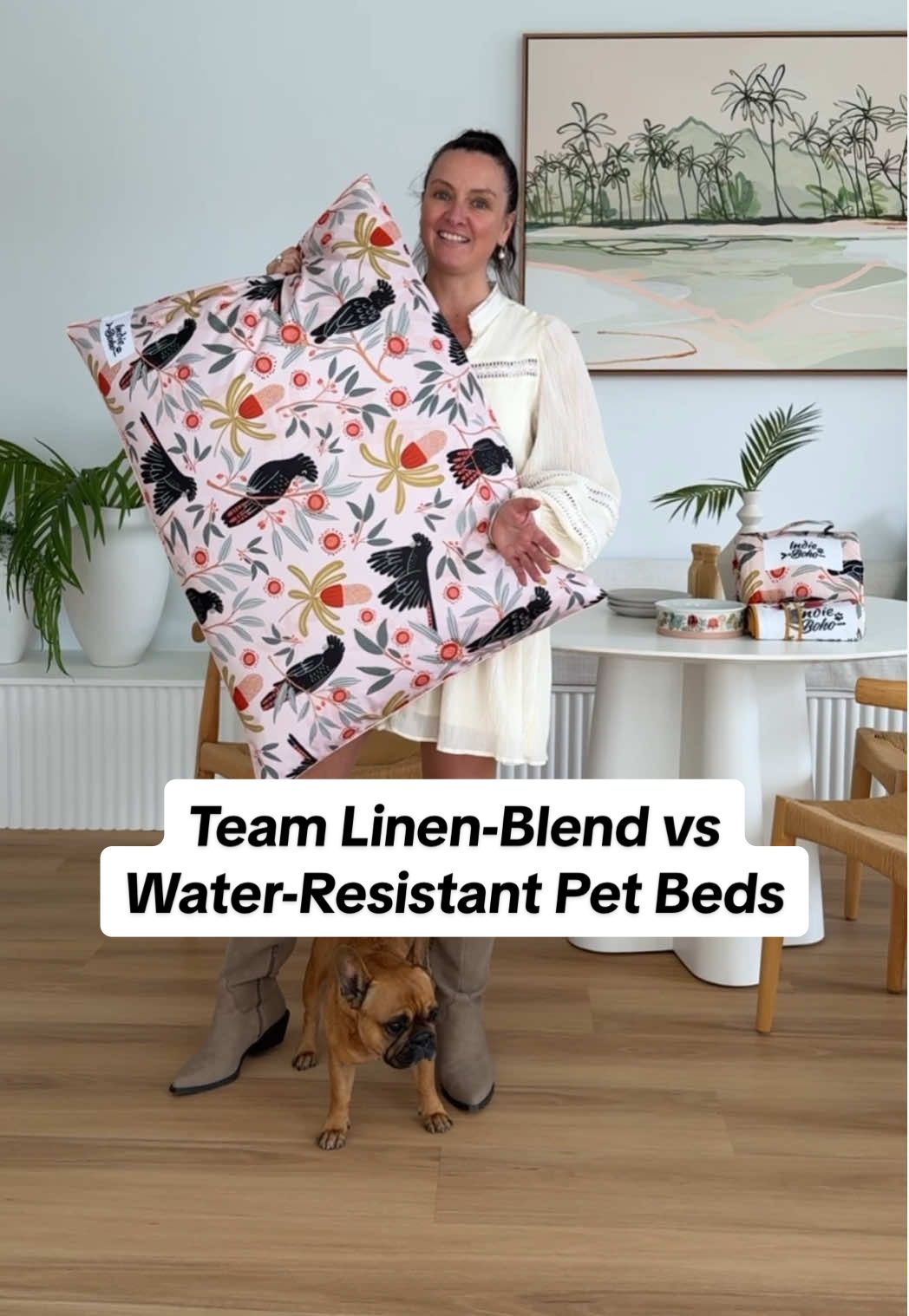 Trust us, if you’ve tried our pet beds, you’ll likely fall into one of these “teams”. Our beds come in two (well three but we mention two here) distinctively different fabrics… and they all feature our gorgeous exclusive designs!  Which one are you? Luxurious linen-blend or easy-care water-resistant?  A big thanks to Bec from @Waldorf + Astoria who has been a long-time customer and ambassador of Indie Boho. She has tried both fabrics over many years but prefers the WR now for her frenchies 🥰 #outdoordogbed #aestheticdogbed #dogbed #frenchbulldog #frenchie 