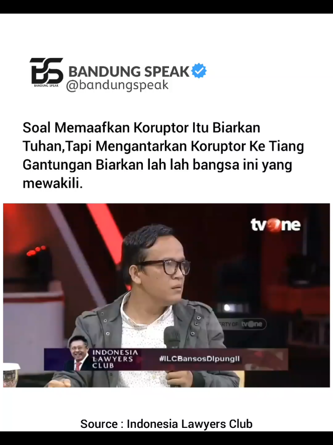 Immanuel Ebenezer menegaskan sikapnya soal pemberantasan korupsi saat hadir di acara Indonesia Lawyers Club (ILC) TV One. Ia menyebut urusan memaafkan koruptor biarlah menjadi urusan Tuhan, namun soal menegakkan hukuman tegas hingga ke tiang gantungan, biarlah bangsa ini yang mewakili dan menyuarakannya. Pernyataan itu ia sampaikan sebagai kritik atas lemahnya penegakan hukum terhadap koruptor yang merugikan negara dan rakyat. #wamenaker #immanuelebenezer #kpk #korupsi #bandungspeak 