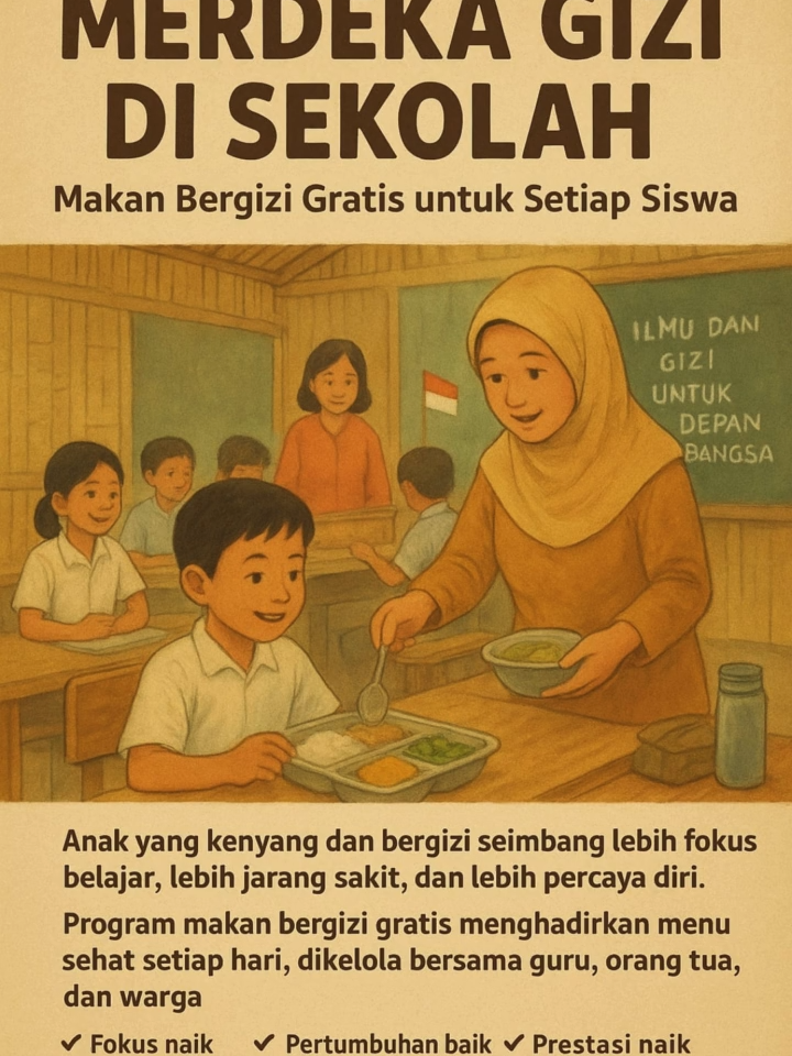 Anak yang kenyang dan bergizi seimbang akan lebih fokus belajar, lebih jarang sakit, dan lebih percaya diri. Program Makan Bergizi Gratis (MBG) adalah solusi untuk masa depan bangsa. Mari dukung dan awasi bersama agar anak-anak kita mendapatkan menu sehat setiap hari dan meraih prestasi lebih tinggi. #GiziAnak #MerdekaGizi #Pendidikan #AnakSehat #Sekolah #IndonesiaSehat #MakanBergizi