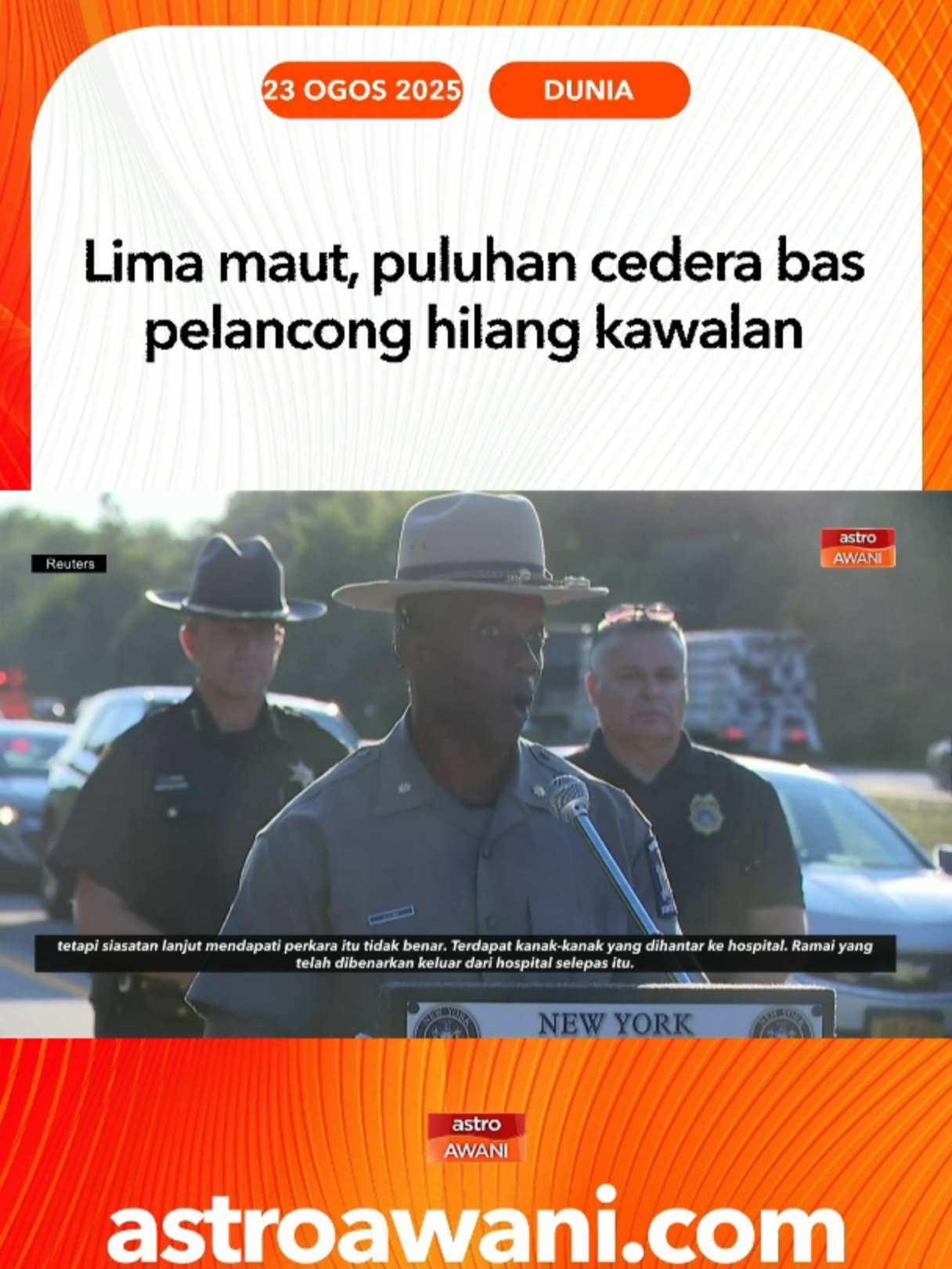 Siasatan awal mendapati pemandu hilang kawalan ketika bas sedang bergerak pada kelajuan penuh,  menyebabkan kenderaan itu terbabas ke tengah pembahagi jalan sebelum terbalik. #AWANInews