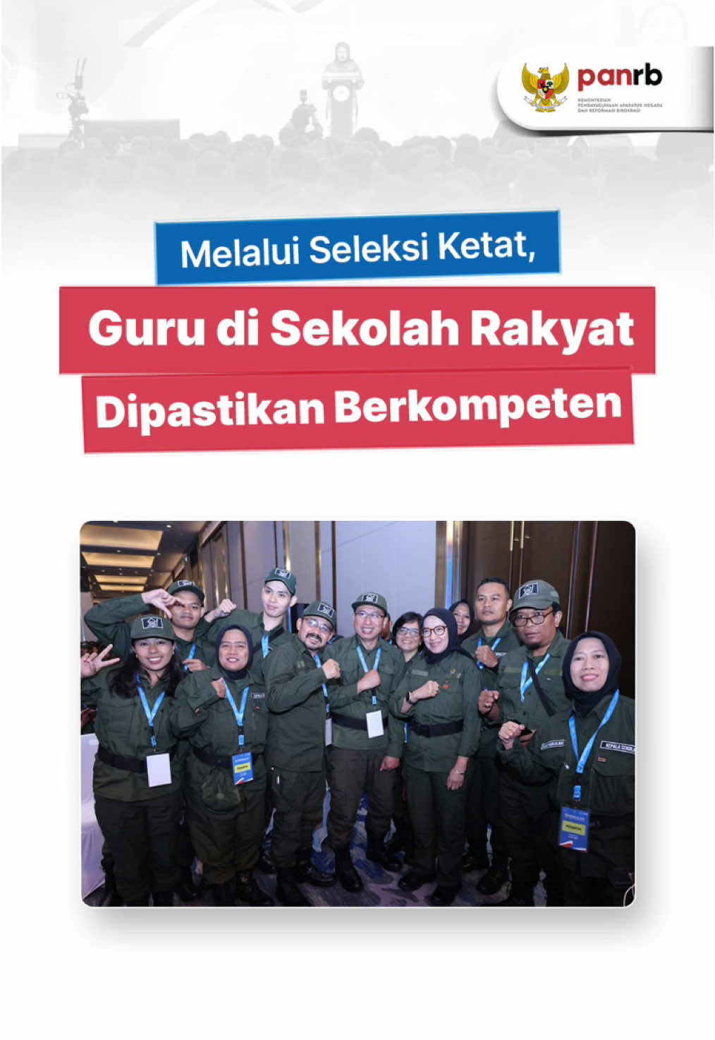 Rekan ASN, Menteri PANRB Rini Widyantini menghadiri Pembekalan Guru dan Kepala Sekolah Rakyat. Menteri Rini menyampaikan dalam menghadapi era transformasi digital, guru dan kepala Sekolah Rakyat tidak lagi cukup hanya menguasai materi pelajaran. Mereka juga dituntut untuk memiliki karakter sebagai birokrat masa kini yakni mampu berpikir inovatif, mengedepankan kepemimpinan kolaboratif, dan melek data dan teknologi. Dengan landasan hak dan kewajiban yang jelas, pembinaan karier yang terarah, serta mindset yang progresif, guru dan kepala sekolah di Sekolah Rakyat menjadi ujung tombak dalam mencetak generasi emas Indonesia. #KemenPANRB  #SekolahRakyat #fyp 