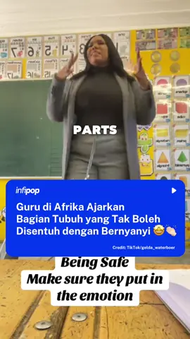 Seorang guru di Afrika punya cara kreatif untuk mengajarkan body safety kepada anak-anak. Ia mengenalkan bagian tubuh pribadi yang tidak boleh disentuh orang lain, seperti dada, bokong, hingga bibir, dengan sebuah lagu sederhana. Dalam lirik lagu tersebut, sang guru menekankan bahwa jika ada orang yang mencoba menyentuh bagian pribadi, anak-anak harus berani melapor kepada orang tua atau pihak berwenang. Cara ini dianggap efektif karena mudah diingat anak-anak, sekaligus mengajarkan mereka tentang pentingnya menjaga diri sejak dini. Keren sekali 🤩👏🏻 📹: @Gelda Waterboer  #fyp #edukasi #afrika #edukasitiktok #viral 
