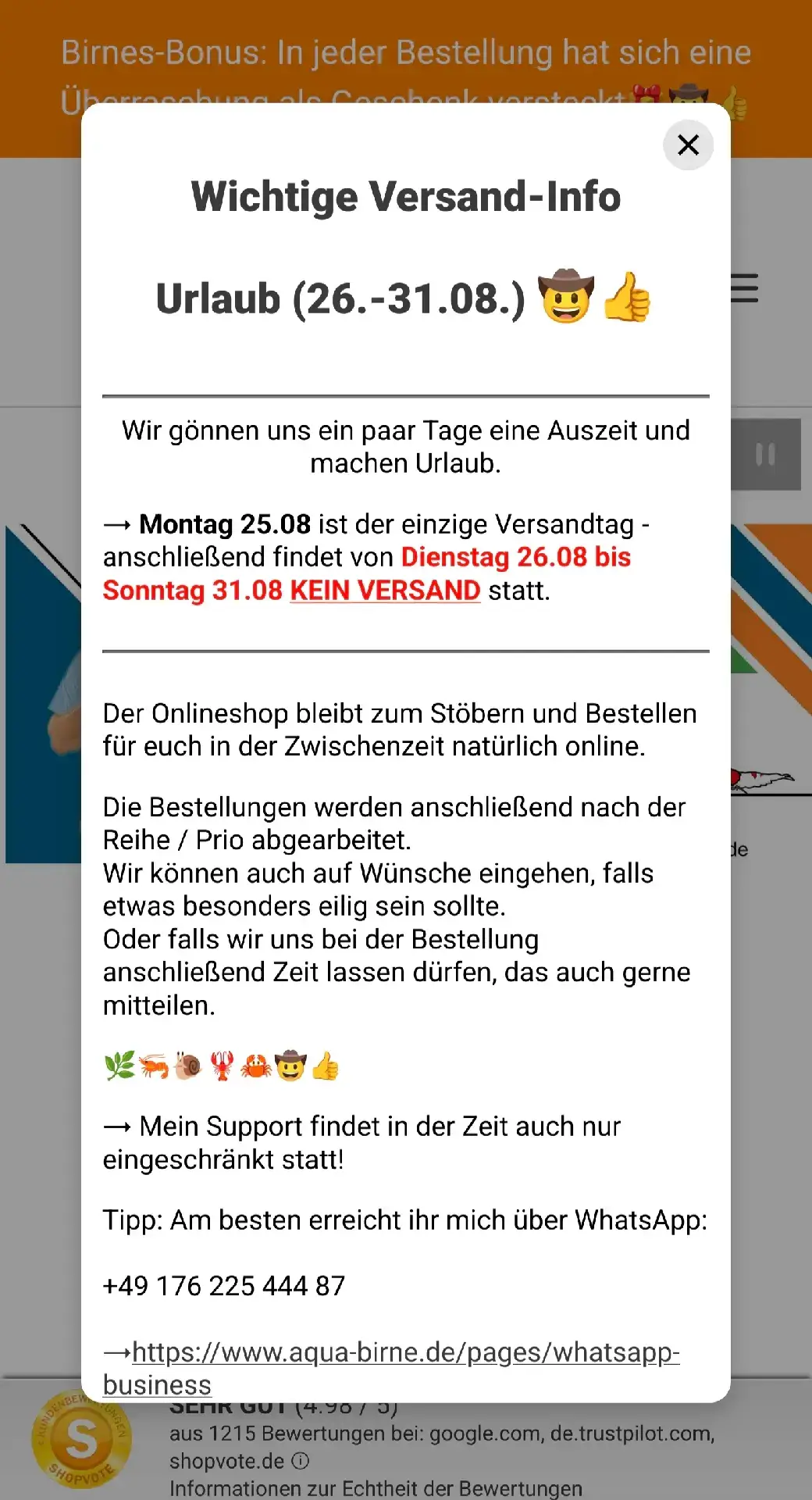 Wir gönnen uns ein paar Tage eine Auszeit und machen Urlaub. → Montag 25.08 ist der einzige Versandtag - anschließend findet von Dienstag 26.08 bis Sonntag 31.08 KEIN VERSAND statt. Der Onlineshop bleibt zum Stöbern und Bestellen für euch in der Zwischenzeit natürlich online. Die Bestellungen werden anschließend nach der Reihe / Prio abgearbeitet. Wir können auch auf Wünsche eingehen, falls etwas besonders eilig sein sollte. Oder falls wir uns bei der Bestellung anschließend Zeit lassen dürfen, das auch gerne mitteilen.  --- Bewohner meiner Aquarium Zuchtanlage: Zwerggarnelen / Garnelen, Aquariumschnecken / Schnecken, Krebse, Krabben, Wasserpflanzen, Moose uvm. 🦐🌿 Aqua Birne Shop: Aqua - Birne . de 🐌🦞 ▶️ Folge mir gerne für mehr! Aquaristische Grüße Daniel Birnbaum, die Aqua Birne 🍐 . . . #Aquarium #aquariumhobby #garnelen #garnelenaquarium #garnelenbecken 