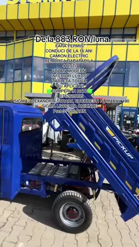 De la doar 883 RON/ luna  CAMION ELECTRIC FARA PERMIS  PRET 31500 RON 📲0762609895 ✅CUMPERI IN RATE✅ VITEZA MAXIMA 25 km/h  90km autonomie  4 ROTI  REMORCA RABATABILA  INTERIOR MODERN  TABLETA TOCUH SCREEN CU APLICATII  CAMERA VIDEO COLOR  SENZORI DE PARCARE BOXA BLUETOOTH RADIO  CLIMA  TRAP RABATABILA  Camionul Electric Albastru cu Remorcă Rabatabilă Funcționalitate inteligentă. Confort premium. Fără compromisuri. ⸻ Stil, Tehnologie și Eficiență într-un Singur Vehicul Compact Descoperă noul Camion Electric Albastru – creat special pentru cei care au nevoie de putere, versatilitate și confort de top, fără a renunța la eleganță sau control. Cu un design modern și dotări de ultimă generație, este alegerea perfectă pentru gospodării, ferme, spații industriale sau comerciale. ⸻ INTERIOR DE LUX – Spațiul care îți oferă confort zi de zi 	•	2 scaune tapițate cu piele perforată bej – confort superior în fiecare minut petrecut la volan 	•	Uși decorate cu elemente silver și accente cromate – detalii elegante, cu personalitate 	•	Volan ergonomic, cu design modern – manevrare ușoară și plăcută, ideal pentru spații înguste 	•	Trapa rabatabilă pentru aerisire naturală – mai multă prospețime și luminozitate în cabină 	•	Sistem multimedia inteligent: 	•	Tabletă cu touchscreen 	•	Aplicații utile 	•	Sistem de climatizare 	•	Radio, Bluetooth și port USB ⸻ EXTERIOR ROBUST – Gata de muncă, oriunde ai nevoie 	•	Caroserie modernă, finisaj albastru intens – stil remarcabil, rezistență garantată 	•	Remorcă rabatabilă – descărcare rapidă, fără efort 	•	Construcție pe 4 roți solide – stabilitate excelentă pe orice teren 	•	Faruri și stopuri LED – vizibilitate clară, zi și noapte 	•	Cameră video pentru mers înapoi + senzori de parcare – siguranță și precizie ⸻ PERFECT PENTRU: 	•	Transportul produselor agricole din grădină, livadă sau seră 	•	Activități în gospodărie, fermă sau depozit 	•	Muncă în spații comerciale, industriale sau logistice 	•	Amenajarea și întreținerea zonelor verzi ⸻ SPECIFICAȚII TEHNICE ESENȚIALE: 	•	Motor electric de 3000W 	•	Acumulatori 72V 100AH – autonomie de 90–100 km 	•	Încărcare completă în 6–8 ore 	•	Viteză maximă: 25 km/h 	•	Dimensiuni generale: 3100 x 1220 x 1700 mm ⸻ DE CE SĂ-L ALEGI? 	•	Conduci fără permis auto 	•	Îl folosești zilnic, în cele mai diverse activități 	•	Beneficiezi de lux, confort și eficiență energetică 	•	Ai libertatea de mișcare fără combustibil, fără stres ⸻ DISPONIBIL ACUM LA HYPERMARKETUL SIGMA! 	•	Poți cumpăra în rate accesibile 	•	Livrare rapidă oriunde în România 	•	Stoc limitat – grăbește-te și profită de ofertă! ⸻ Camionul Electric Albastru – Luxul și utilitatea se întâlnesc într-un vehicul care schimbă regulile jocului. Viitorul e electric. Iar tu îl conduci cu stil. 💯Beneficiaza și tu de produse deosebite la prețuri excelente!💯 📲 +40 (762) 609 895 +40 (762) 609 895 ✅DE LA SIGMA POȚI CUMPARA ORICE IN RATE CU BULETINUL DIRECT DIN MAGAZIN SAU CU CARDURI DE CUMPĂRĂTURI!✅ 🚚SIGMA LIVREAZĂ ORIUNDE!🚚  Te așteptăm la SIGMA 📍in Alexandria, Strada București numărul 190  În intervalele orare: Luni-Vineri: 08:00-17:30 Sambata: 08:00-13:30 #electricitate #electric #mobilitate #mobilitateelectrica #laSIGMA                                                        