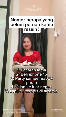 Kalau kalian nomor berapa nih yang belom pernah ngerasain, komen di bawah ya ☺☺😎😎😎 ➖➖➖➖➖➖➖➖➖➖➖➖➖    Artemis Spa Health & Massage    🕒 Jam Operasional  Setiap Hari: 11.00 - 22.00 WIB    ✔ Parkir Mobil dan Motor  ✔ Sauna, Whirpool, Shiatsu  ✔ Terapis Professional  ✔ Promo Menarik & Harga Terjangkau     Informasi lebih lanjut: 📞 +62 821 8980 8371    Lokasi :  Jl. KH. Noer Ali No.8R, RT.002/RW.003, Jakasampurna Kec. Bks Bar, Kota Bks, Jawa Barat 17145    #artemispa #spabekasi #massagebekasi #massage #fypreels 