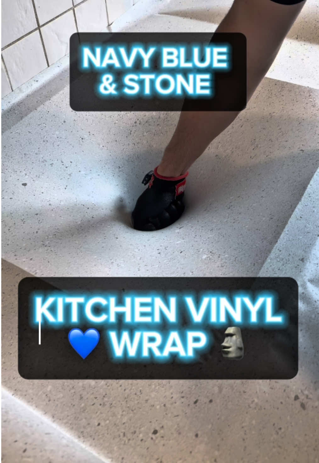💙 Navy blue painted wood cabinetry + Stone countertop 🗿KITCHEN VINYL WRAP #kitchenwrap #kitchenmakeover #kitchenrenovation #kitchendecor #homedecor 